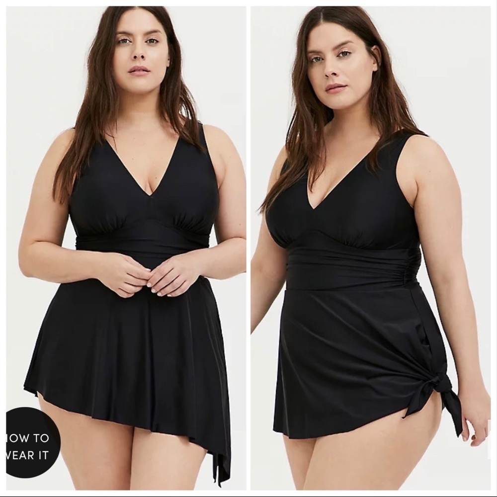 torrid Black V-Neck Swim One-Piece with Skirt